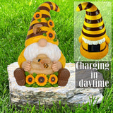 Mood Lab Garden Gnome - Solar Sunflower & Bee Gnome Figurine - 9 Inch Tall Honey Decor Outdoor Lawn Statue with 8 LED Lights