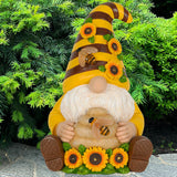 Mood Lab Garden Gnome - Solar Sunflower & Bee Gnome Figurine - 9 Inch Tall Honey Decor Outdoor Lawn Statue with 8 LED Lights