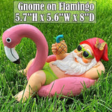 Garden Gnome on Flamingo - Funny Gnome Figurine - 8 Inch Depth Lawn Statue - for Outdoor or House Decor