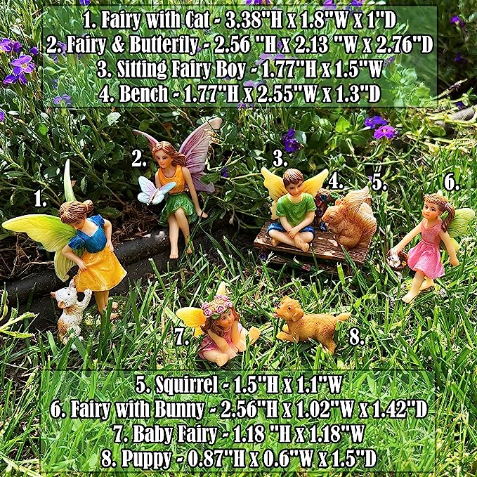 Fairy Garden - Miniature Fairies Figurines with Animals - Statues &  Accessories Decor Set of 8 pcs