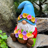 Mood Lab Garden Gnome - Solar Gnome Statue with Basket of Flowers - 9.25 Inch Tall Lawn Statue with 8 LED Lights - for Outdoor or House Decor