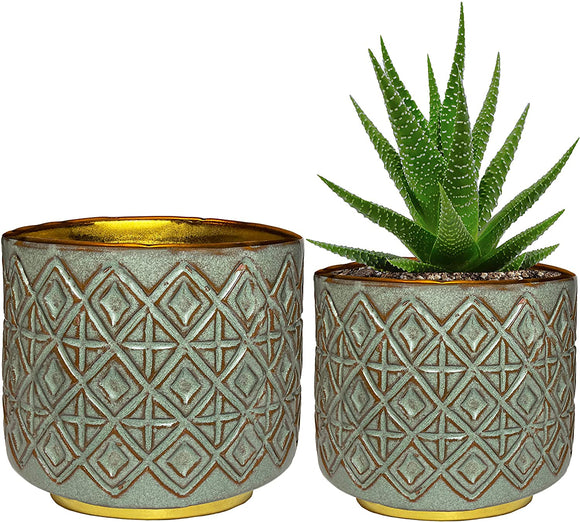 Mood Lab Flower Plant Pots - Pack of 2 Green/Gold pots - 5.5
