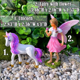 Fairy Garden Miniature Figurines - Fairy with Unicorn Set of 2 pcs - Decorations Statue Kit