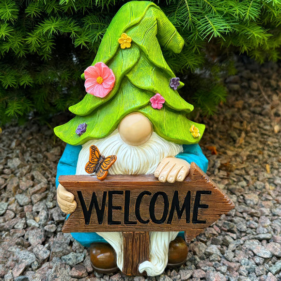 Garden Gnome - Solar Gnome Figurine with Welcome Sign - 9.1 Inch Decor Outdoor Lawn Statue with LED Lights