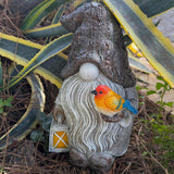 Mood Lab Garden Gnome - Stone Gnome Figurine - 9.1 Inch Tall Lawn Statue with Lantern and Bird - for Outdoor or House Decor