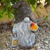 Mood Lab Garden Gnome - Stone Gnome Figurine - 9.1 Inch Tall Lawn Statue with Lantern and Bird - for Outdoor or House Decor