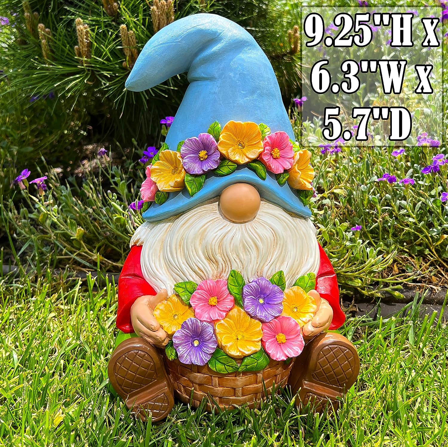 Garden Gnome - Solar Gnome Statue with Basket of Flowers - 9.25  display picture 1