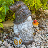 Mood Lab Garden Gnome - Stone Gnome Figurine - 9.1 Inch Tall Lawn Statue with Lantern and Bird - for Outdoor or House Decor