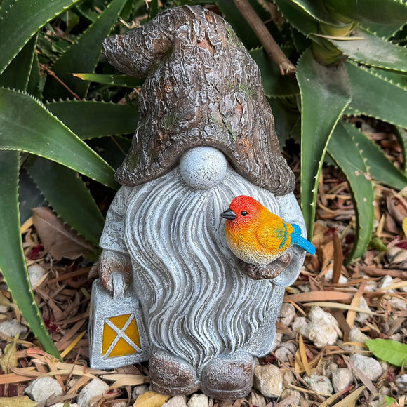 Mood Lab Garden Gnome - Stone Gnome Figurine - 9.1 Inch Tall Lawn Statue with Lantern and Bird - for Outdoor or House Decor