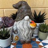 Mood Lab Garden Gnome - Stone Gnome Figurine - 9.1 Inch Tall Lawn Statue with Lantern and Bird - for Outdoor or House Decor