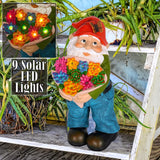 Mood Lab Garden Gnome - Flower Gnome Figurine with Solar LED Lights - 9.1 Inch Tall Lawn Statue - for Outdoor or House Decor