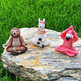 Miniature Yoga Figurines Set - Funny Mini Statue Kit of 3 pcs - Flamingo Llama Sloth in Meditation Pose - Fairy Garden Decor
