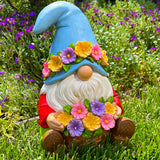 Mood Lab Garden Gnome - Solar Gnome Statue with Basket of Flowers - 9.25 Inch Tall Lawn Statue with 8 LED Lights - for Outdoor or House Decor
