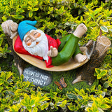 Garden Gnome in Hammock - Finger Gnome Statue - 9.65 Inch Width Lawn Figurine with Sign - Work is Not My Thing