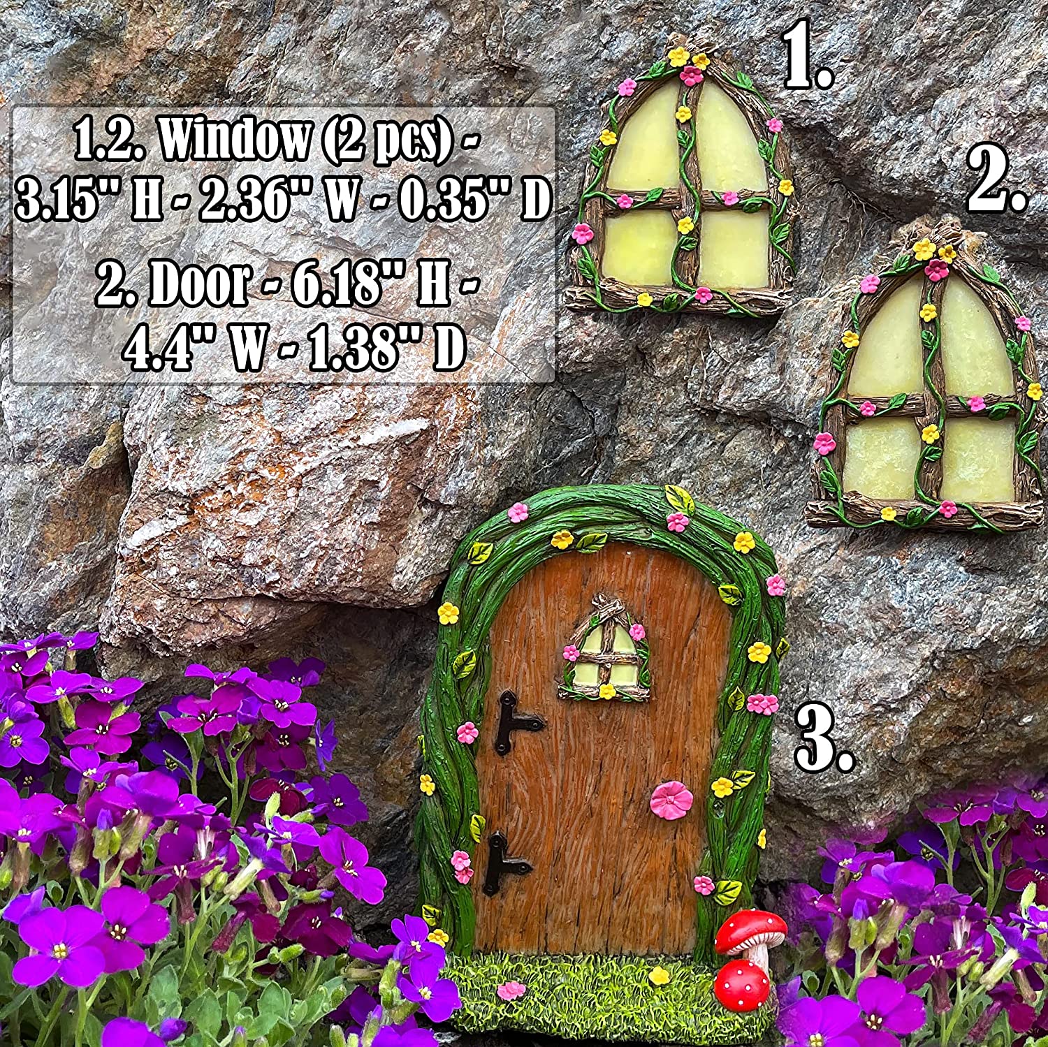 Fairy Garden Miniature Door and 2 Windows for Tree - Yard